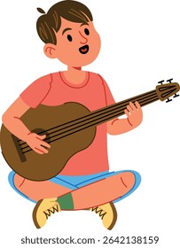 A young boy sits cross-legged playing a guitar in a playful cartoon style. The child strums the strings with enthusiasm, showcasing musical enjoyment. Cartoon vector illustration.