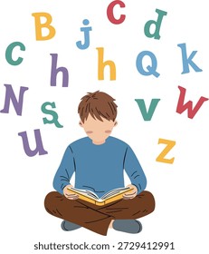 A young boy sits cross-legged reading an open book. Colorful letters of the alphabet float in the air above him.