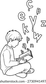 Ein kleiner Junge sitzt im Schneidersitz und liest ein Buch, aus dem Buchstaben herausschweben