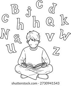 Un niño se sienta con las piernas cruzadas leyendo un libro con varias letras flotando sobre él en una ilustración caprichosa.