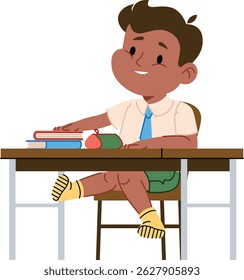 Um menino se senta em uma mesa com livros e uma estante de lápis.  O aluno está estudando alegremente seus materiais. Ilustração de vetor de desenhos animados