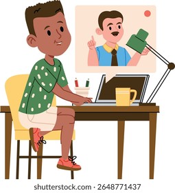 A young boy sits at a desk using a laptop for online learning in a cartoon style. A virtual teacher appears on the screen engaging with the student. Cartoon vector illustration.