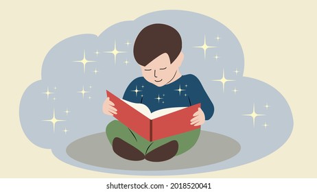 Young boy sits on a floor reading a book, lost to the world around