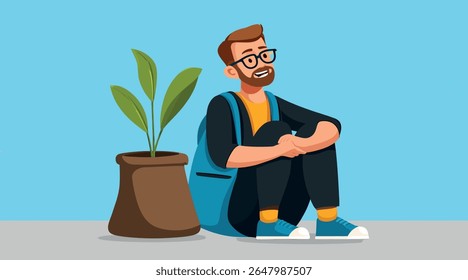 Um menino sentado no chão, uma planta envasada crescendo ao seu lado