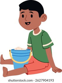 A young boy sits with a sand bucket in a playful pose, drawn in a clean cartoon style. A cheerful child enjoys beach activities with a pail filled with sand. Cartoon vector illustration.