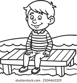 Young boy sitting alone on the wooden pier black and white background coloring pages