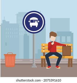 Young boy sitting at the bus stop. Student boy with suitcase waiting for a bus at the bus stop Happy red boy sitting on a bus stop bench. Vector cartoon illustration. Square layout.
