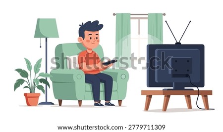 Young boy sitting comfortably in a green armchair and using a remote control to watch his favorite television program at home.