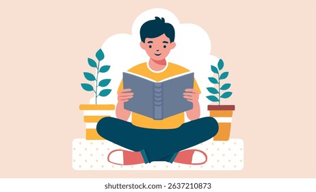 Young boy sitting cross-legged on a cozy mat, reading a book, surrounded by potted plants, in a bright and cheerful indoor space, showcasing a love for reading and learning