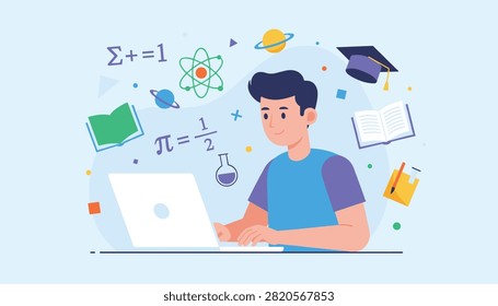 Young boy sitting at a desk and using a laptop with floating educational icons like math, chemistry, and books.