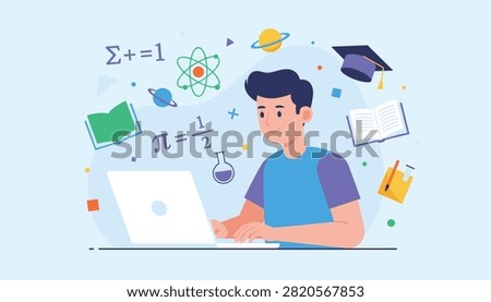 Young boy sitting at a desk and using a laptop with floating educational icons like math, chemistry, and books.