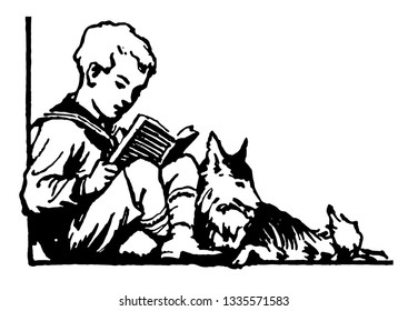Young Boy Sitting with Dog Reading book, kid, Male, reading, recreation, grass, vintage line drawing or engraving illustration.