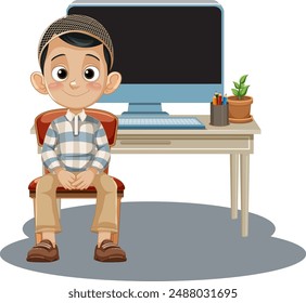 Young boy sitting in front of computer