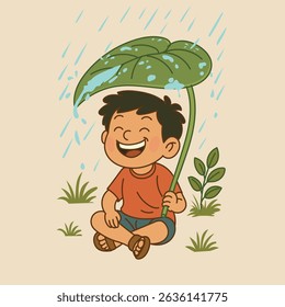 A young boy is sitting joyfully in the rain, holding a large green lotus leaf above his head as a natural umbrella. He's wearing an orange T-shirt, blue shorts, and brown sandals. Surrounded by green.