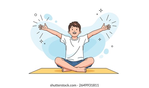 Young boy sitting in lotus pose arms spread wide experiencing joy and energy flow
