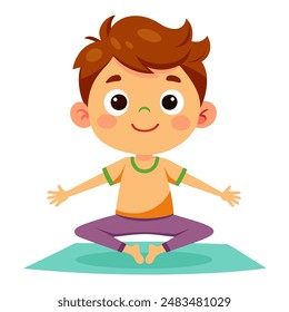 A young boy is sitting in a lotus position on a colorful yoga mat