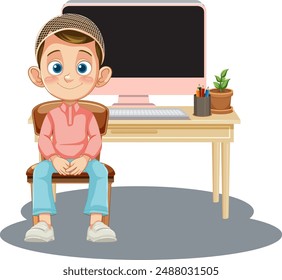 Young boy sitting near a computer desk