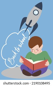 Young boy sitting on a floor reading a book, rocket flying upwards with Back to school message