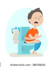 Young Boy Sitting On The Toilet. He Is Suffering Of A Diarrhea And A Stomach Upset. Vector Illustration Isolated On White Background.