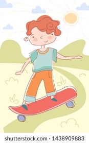 Young boy skating down a rural path in summer sunshine on a skateboard balancing with outspread arms in a healthy outdoor lifestyle concept