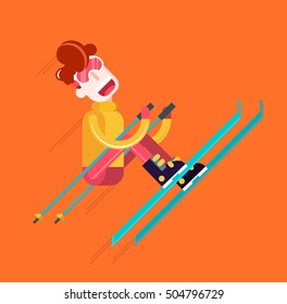 Young Boy Skiing. Isolated Flat Vector Illustration on Orange Background.