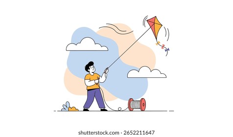 Young boy skillfully flying a colorful kite high in the sky on a bright sunny day