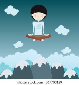 Young boy in the sky position meditating in peace for any spiritual. ,vector format.

