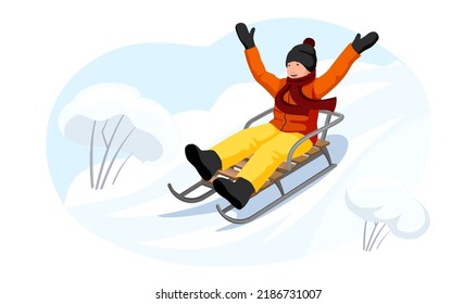 Young boy sledging the hill winter holiday. Kid driving in a sleigh wintertime activity. Child in hat and scarf enjoy outdoor cold weather. Cartoon Vector illustration Isolated on white background