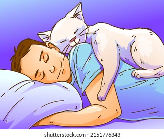 Ein kleiner Junge schläft mit seiner Katze. Vektorgrafik.