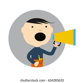 Young boy with slingshot and megaphone round avatar icon isolated on white background vector illustration. People pictogram in flat design.