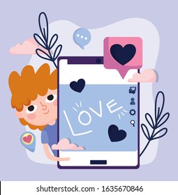 young boy smartphone speech bubble love social media vector illustration
