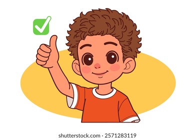 The young boy smiling and raising thumb up. Cartoon People Vector Illustration.