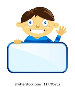 Young Boy Smiling and Waving Hand while holding a  blank sign
