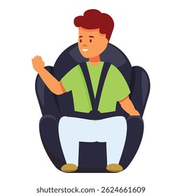 Menino está sorrindo e acenando enquanto senta em uma cadeirinha