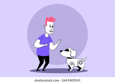 Young boy smiling while waving at small robotic dog. Connection with tech concept