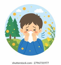A young boy sneezing into a tissue with allergy symptoms in a spring nature background