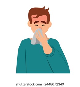 young boy sneezing. sick with handkerchief, nose tissue. Unhealthy boy with allergy, flu, cold, virus. Flu disease symptom. Flat vector illustration isolated on white background.