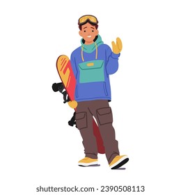 Joven Snowboarder, Decorado En Invierno, Aprecia Con Confianza Una Posta Fría Aislada De Fondo Blanco. Carácter infantil sonriendo con tablero en las manos. Ilustración de vectores de personas de caricatura