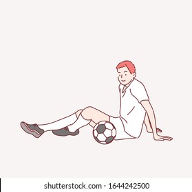 A Young boy with soccer ball on a sport uniform. Hand drawn style vector design illustrations.