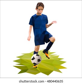 Young boy as a soccer player in grass field. Football background made with triangles. Low Poly Vector Art.