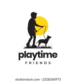 young boy son playing dog friend sunset park happiness mascot logo vector icon illustration