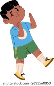 A young boy in a sports outfit with a joyful expression and playful pose. The child wears a jersey, shorts, and sneakers, exuding energy and happiness. Cartoon vector illustration.