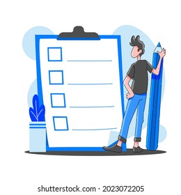 Young boy stand at huge clipboard filling document by pen