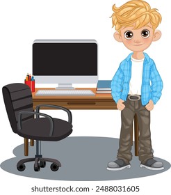 Young boy standing by a desk