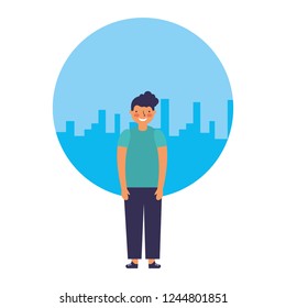 young boy standing with city background