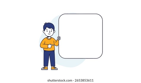 Young boy standing next to a speech bubble ready to share thoughts and ideas with a simple clean design conveying a message of communication and creativity
