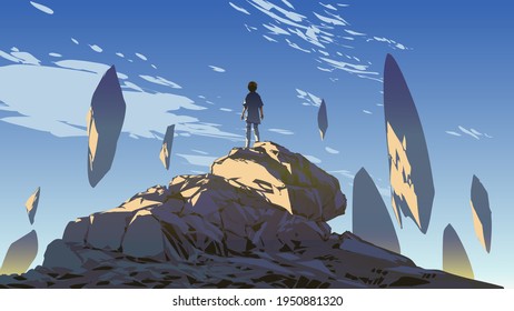 young boy standing on the mountain and looking at the rocks floating in the sky, vector illustration