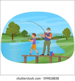 Young boy standing on a pier with grandfather and fishing.