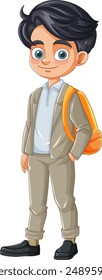 Young boy standing with an orange backpack