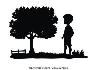 Young boy standing silhouettes isolated flat vector illustration on white background.